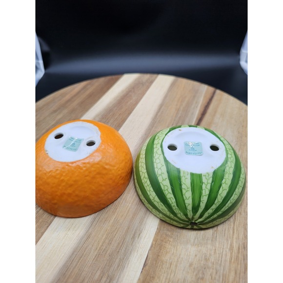 Vintage Pair Of Ceramic Partylite Fruit Votive Candle Holder Orange & Watermelon - Picture 5 of 8